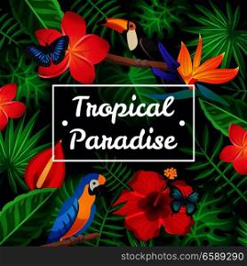 Flat design tropical paradise frame with amazing exotic flowers birds and butterflies vector illustration. Flat Tropical Frame