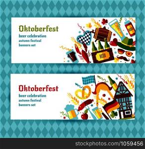 Flat design vector banners set with oktoberfest celebration symbols. Oktoberfest celebration design with Bavarian hat autumn and germany symbols.Autumn banner on blue background.Horizontal position. Flat design vector banners set with oktoberfest celebration symbols. Oktoberfest celebration design with Bavarian hat autumn and germany symbols.