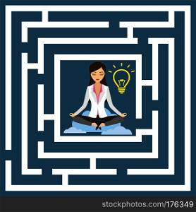 Flat design vector concept illustration. Business woman in lotus position with idea bulb.. Business woman in lotus position with idea bulb