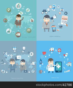 Flat design vector concepts for business consulting, medical care, digital marketing, ecology.