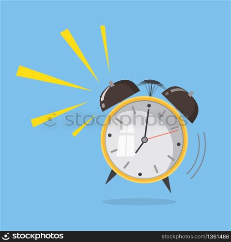 Flat design. Vector icon isolated on background. Cartoon alarm clock ringing. Wake up morning concept. . Cartoon alarm clock ringing. Wake up morning concept. Flat design. Vector icon isolated on background