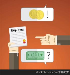 Flat design vector illustration concept for interview with diploma and salary nagotiation.. Flat design vector illustration concept for interview with diploma and salary nagotiation