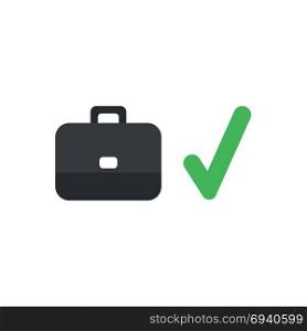Flat design vector illustration concept of black briefcase with green check mark symbol icon.