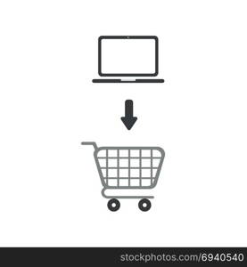 Flat design vector illustration concept of black laptop computer into grey shopping cart symbol icon.