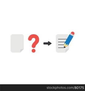 Flat design vector illustration concept of blank paper with red question mark and writing on paper with blue pencil symbol icon on white background.