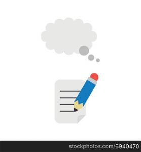 Flat design vector illustration concept of blue pencil writing on paper with grey tought bubble symbol icon.