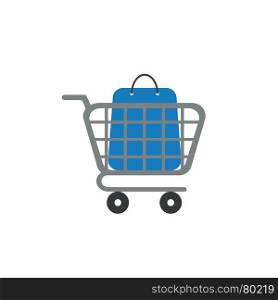 Flat design vector illustration concept of blue shopping bag inside grey shopping cart symbol icon on white background.