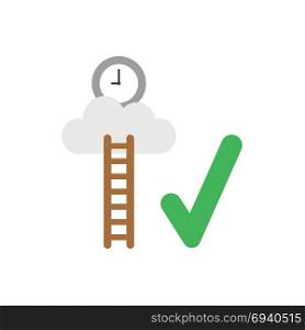 Flat design vector illustration concept of clock time symbol icon on cloud with wooden ladder and green check mark.