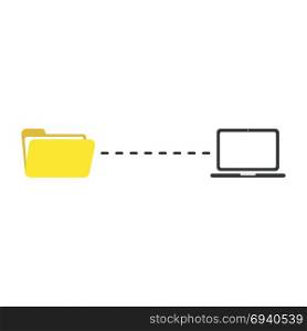 Flat design vector illustration concept of file transfer between yellow open folder symbol icon and black laptop computer.