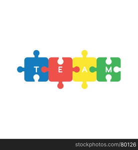 Flat design vector illustration concept of four jigsaw puzzle pieces symbol icon connected and team word written on white background.