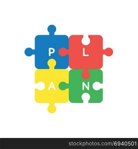 Flat design vector illustration concept of four part jigsaw puzzle pieces symbol icon with plan word connected to each other.