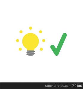 Flat design vector illustration concept of glowing yellow light bulb with green check mark symbol icon on white background.