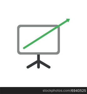Flat design vector illustration concept of green arrow moving up and out of presentation chart symbol icon.