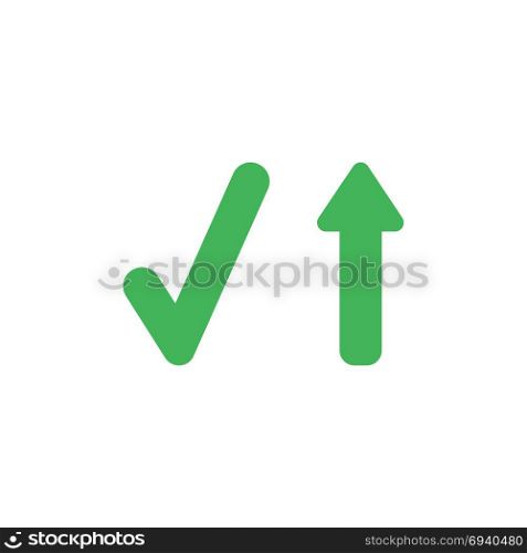 Flat design vector illustration concept of green check mark symbol icon with green arrow moving up.