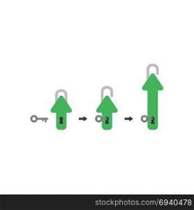 Flat design vector illustration concept of green closed arrow padlock symbol icon with keyhole, key unlock and arrow moving up.