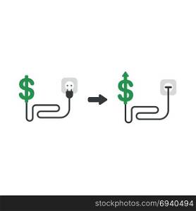 Flat design vector illustration concept of green dollar money symbol icon with cable, plug, outlet and plugged into outlet and arrow moving up.