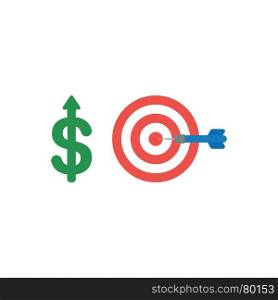 Flat design vector illustration concept of green dollar money symbol icon with arrow moving up and bulls eye with dart in the center.