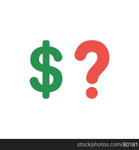 Flat design vector illustration concept of green dollar money symbol icon with red question mark on white background.