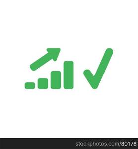 Flat design vector illustration concept of green sales bar chart moving up with green check mark symbol icon on white background.