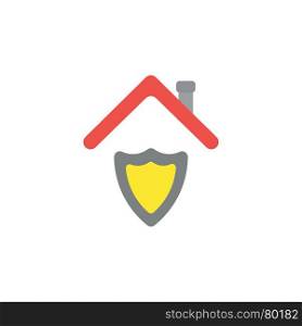 Flat design vector illustration concept of grey and yellow shield guard under red roof symbol icon on white background.