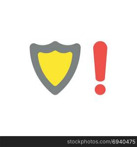 Flat design vector illustration concept of grey and yellow shield guard with red exclamation mark symbol icon.