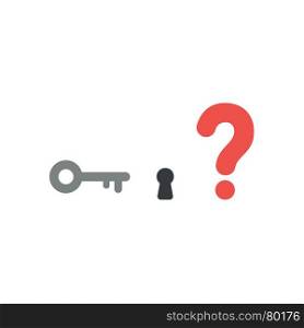 Flat design vector illustration concept of grey key and black keyhole with red question mark symbol icon on white background.