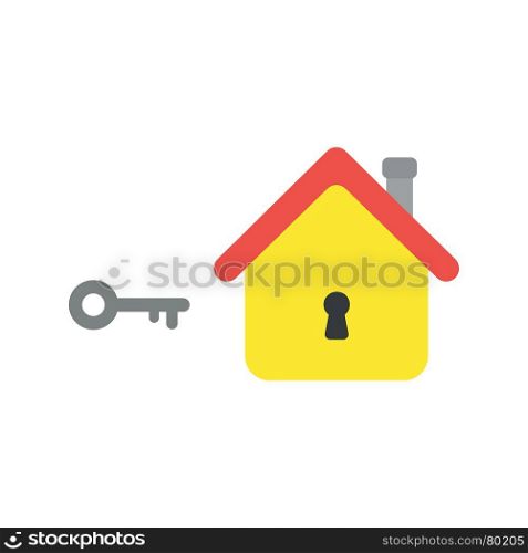 Flat design vector illustration concept of grey key and yellow house with black keyhole symbol icons on white background.