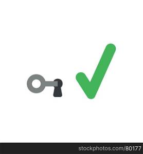 Flat design vector illustration concept of grey key in keyhole with green check mark symbol icon on white background.