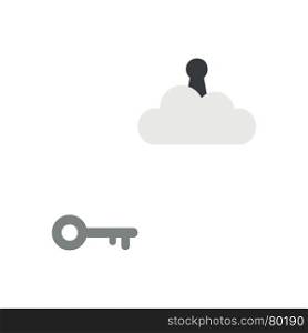 Flat design vector illustration concept of grey key symbol icon reach to keyhole on cloud on white background.