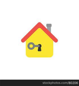 Flat design vector illustration concept of grey key unlock or lock black keyhole in yellow house symbol icon on white backgrounnd.