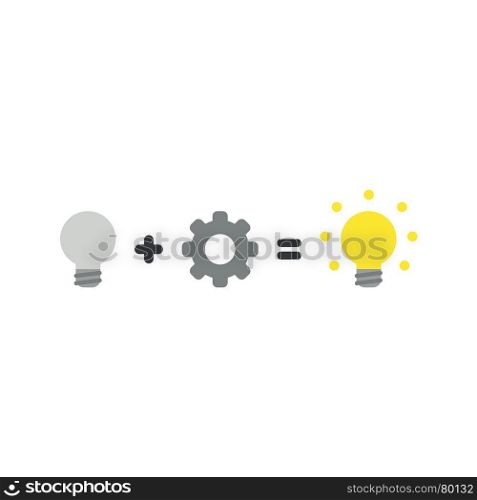 Flat design vector illustration concept of grey light bulb idea plus grey gear equals glowing yellow light bulb idea symbol icon on white background.