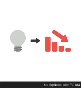 Flat design vector illustration concept of grey light bulb idea with red sales bar chart symbol icon moving down on white background.