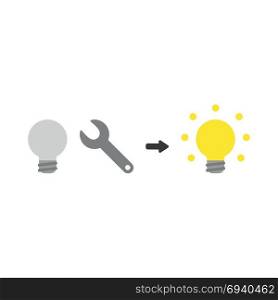 Flat design vector illustration concept of grey light bulb symbol icon with spanner and light bulb glowing.