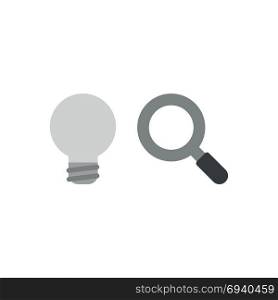 Flat design vector illustration concept of grey light bulb symbolizing bad idea with magnifying glass symbol icon.