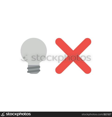 Flat design vector illustration concept of grey light bulb with red x mark symbol icon on white background.