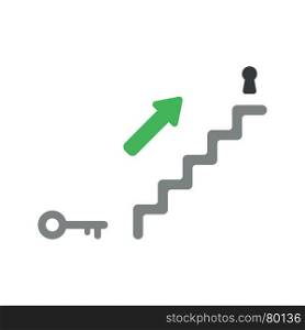 Flat design vector illustration concept of grey stairs with key and keyhole and green arrow symbol icon showing up on white background.