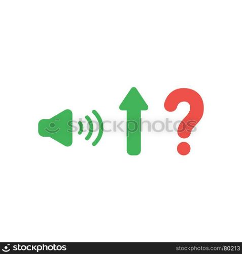 Flat design vector illustration concept of high speaker sound, loud voice, arrow moving up and red question mark symbol icon on white background.