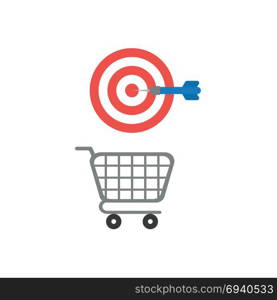 Flat design vector illustration concept of hit the bulls eye target with dart over grey shopping cart symbol icon.