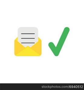 Flat design vector illustration concept of open yellow envelope with written paper and green check mark symbol icon.