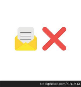 Flat design vector illustration concept of open yellow envelope with written paper and red x mark symbol icon.