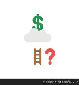 Flat design vector illustration concept of reach to green dollar money on grey cloud with short brown wooden ladder with red question mark symbol icon on white background.