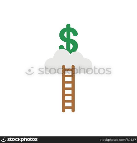 Flat design vector illustration concept of reach to green dollar symbol icon on grey cloud with brown wooden ladder on white background.