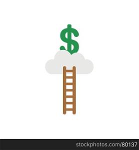 Flat design vector illustration concept of reach to green dollar symbol icon on grey cloud with brown wooden ladder on white background.