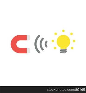 Flat design vector illustration concept of red and grey magnet attracting glowing yellow light bulb idea symbol icon on white background.
