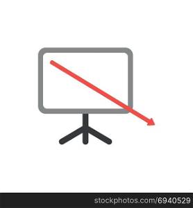 Flat design vector illustration concept of red arrow moving down and out of presentation chart symbol icon.
