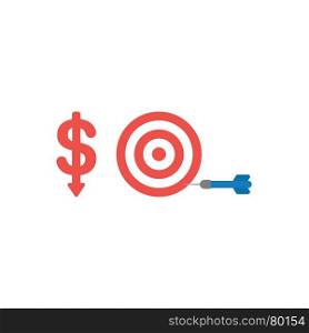 Flat design vector illustration concept of red dollar money symbol icon with arrow moving down and bulls eye with dart in the side.