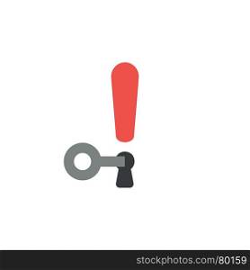 Flat design vector illustration concept of red exclamation mark with keyhole and grey key symbol icon unlcok on white background.