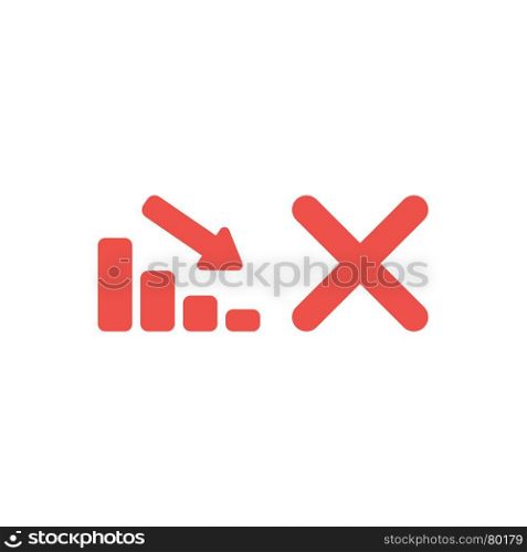 Flat design vector illustration concept of red sales bar chart moving down with red x mark symbol icon on white background.