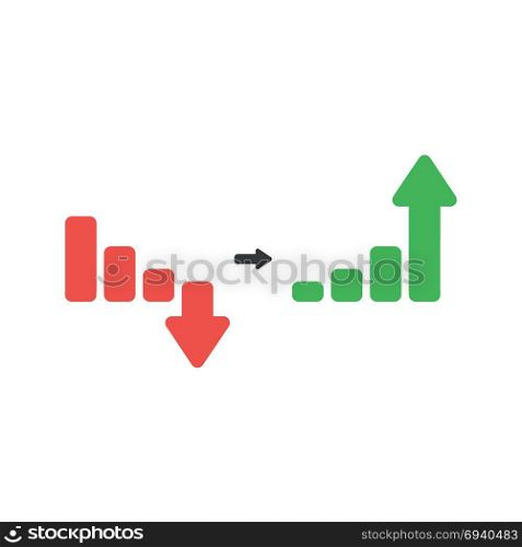 Flat design vector illustration concept of red sales bar chart symbol icon with arrow moving down and green sales bar chart with arrow moving up
