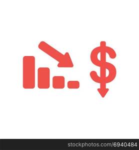 Flat design vector illustration concept of red sales bar chart with arrow moving down and red dollar money symbol icon with arrow moving down.